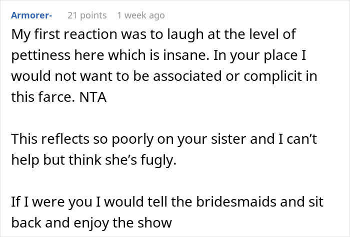 Screenshot of a comment discussing a bride feeling confident by choosing "uglier" bridesmaids.