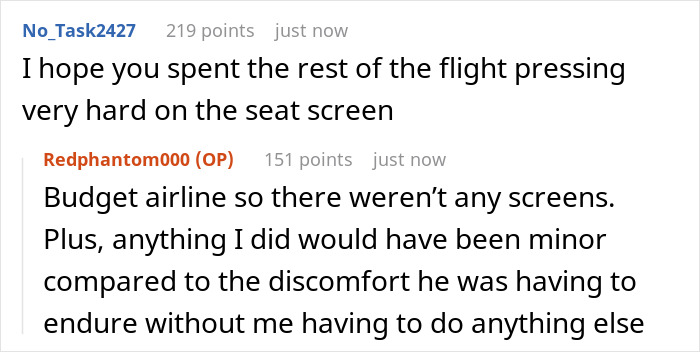 Comments discussing discomfort and revenge on a flight over a stolen window seat. Comments discussing discomfort and revenge on a flight over a stolen window seat.