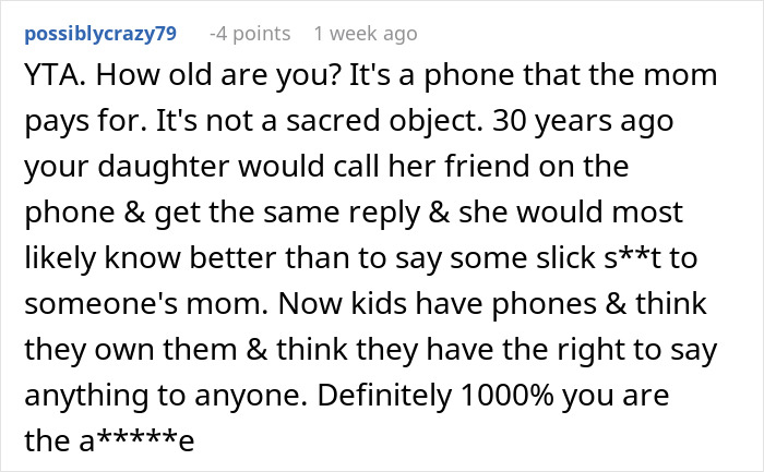 Screenshot of a comment about a teen calling a friend's mom a weirdo over checking a phone, sparking a parental dispute. Screenshot of a comment about a teen calling a friend's mom a weirdo over checking a phone, sparking a parental dispute.