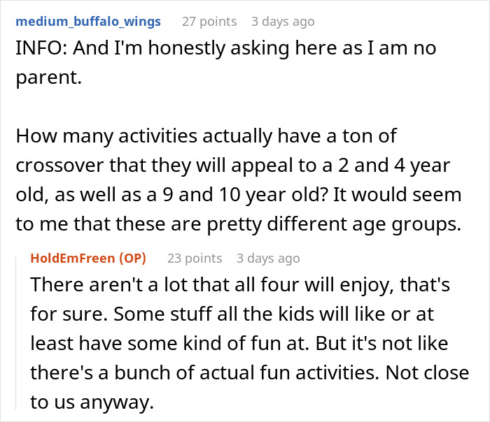 Discussion about stepmom taking kids to events excluding stepchildren, highlighting challenges in planning activities for different ages.