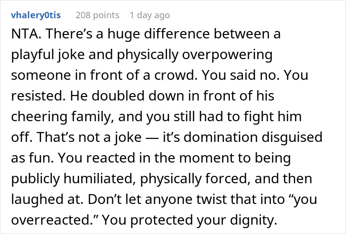 Text response condemning a cake incident, emphasizing personal dignity and criticizing public humiliation.