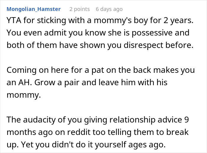 Screenshot of Reddit comment discussing a couple breaking up after guy&rsquo;s mom jokingly stole girlfriend&rsquo;s seat.