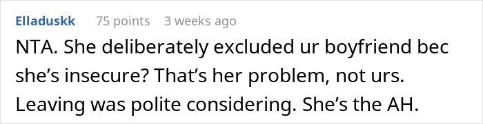 Comment discussing leaving friend's wedding early due to no plus one.