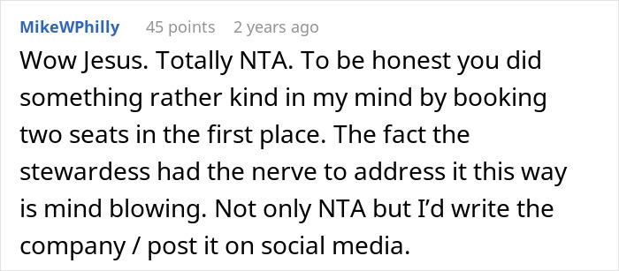 Comment supporting woman booking two plane seats, expressing disbelief at stewardess's reaction.