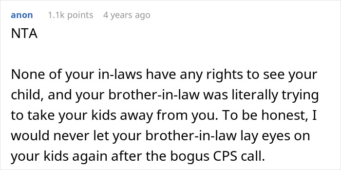 Reddit comment defending woman accused by brother-in-law of spitefulness after false CPS call.