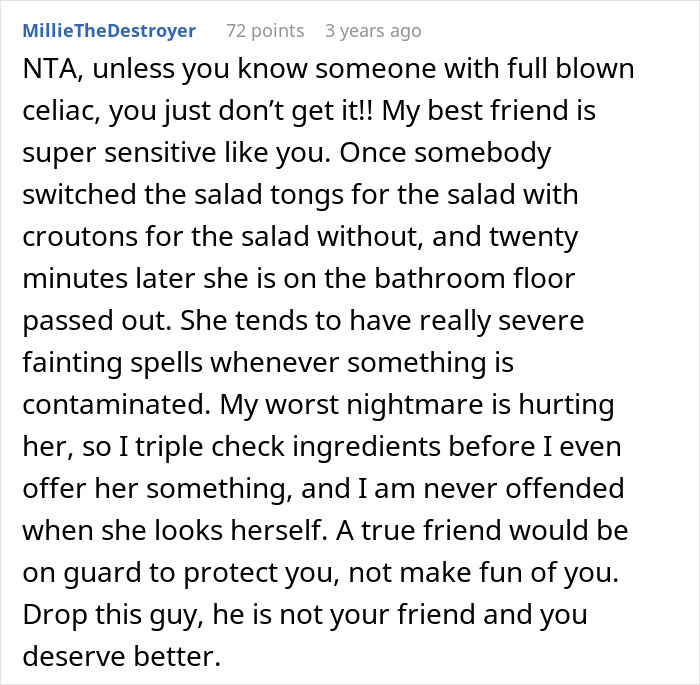 Text about a friend misunderstanding gluten-free needs in a meal, causing a negative reaction.