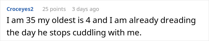 Comment discussing a parent's worries about their son stopping snuggling with them.