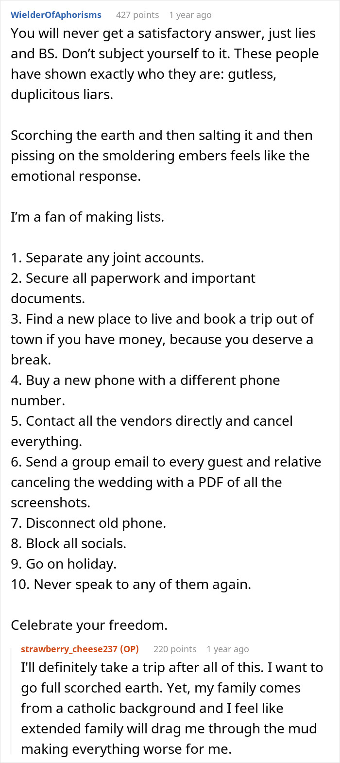 Text screenshot discussing actions after a bride exposes fianc&eacute;&rsquo;s affair at a rehearsal dinner.
