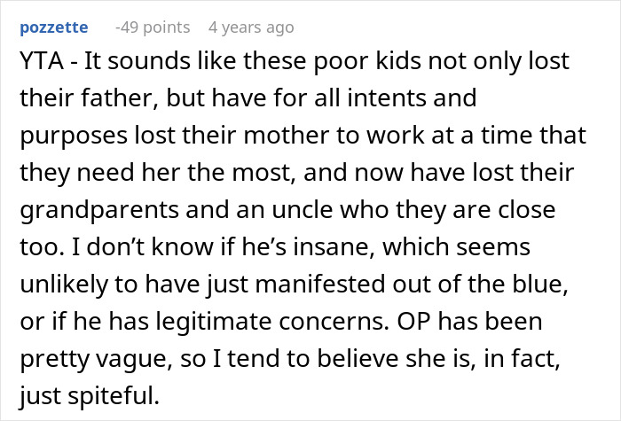 Comment discussing a woman accused of being spiteful, mentioning CPS involvement by her brother-in-law.