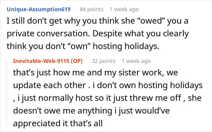 Online discussion showing a user quickly shutting down sister after trying to change tradition in a family conflict. Online discussion showing a user quickly shutting down sister after trying to change tradition in a family conflict.