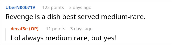 Comments discussing bill splitting after ordering more than others, with playful revenge remarks.