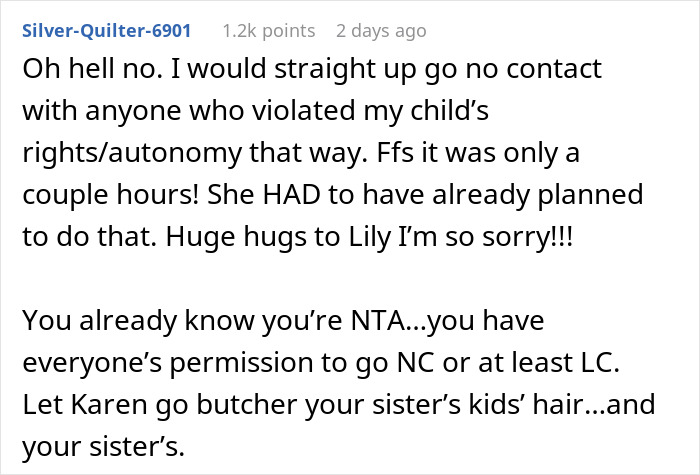 Comment expressing outrage over MIL cutting child's hair without permission.