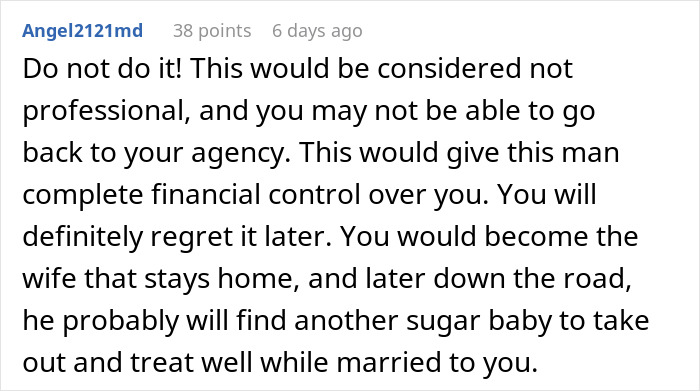 A sugar daddy proposes marriage, sparking debate on potential implications for the woman involved.
