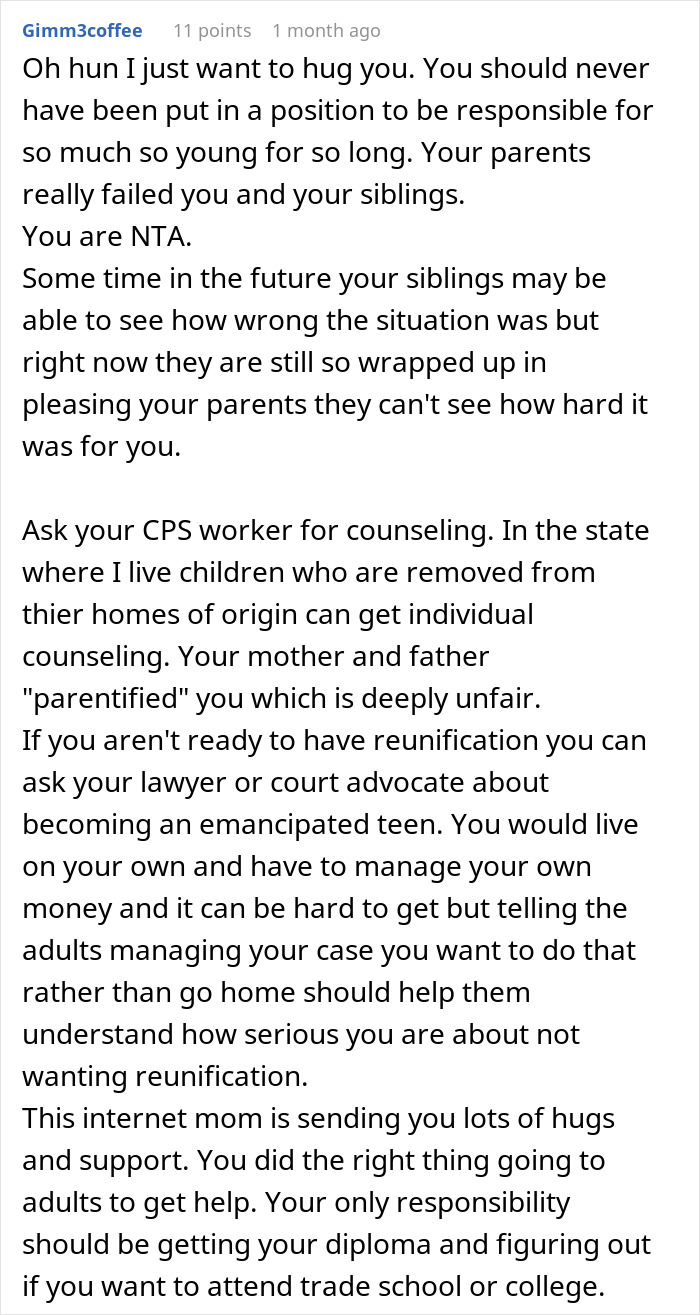 Reddit comment discussing a 16-year-old being unfairly made 'man of the house' and advice on seeking help from CPS. Reddit comment discussing a 16-year-old being unfairly made 'man of the house' and advice on seeking help from CPS.