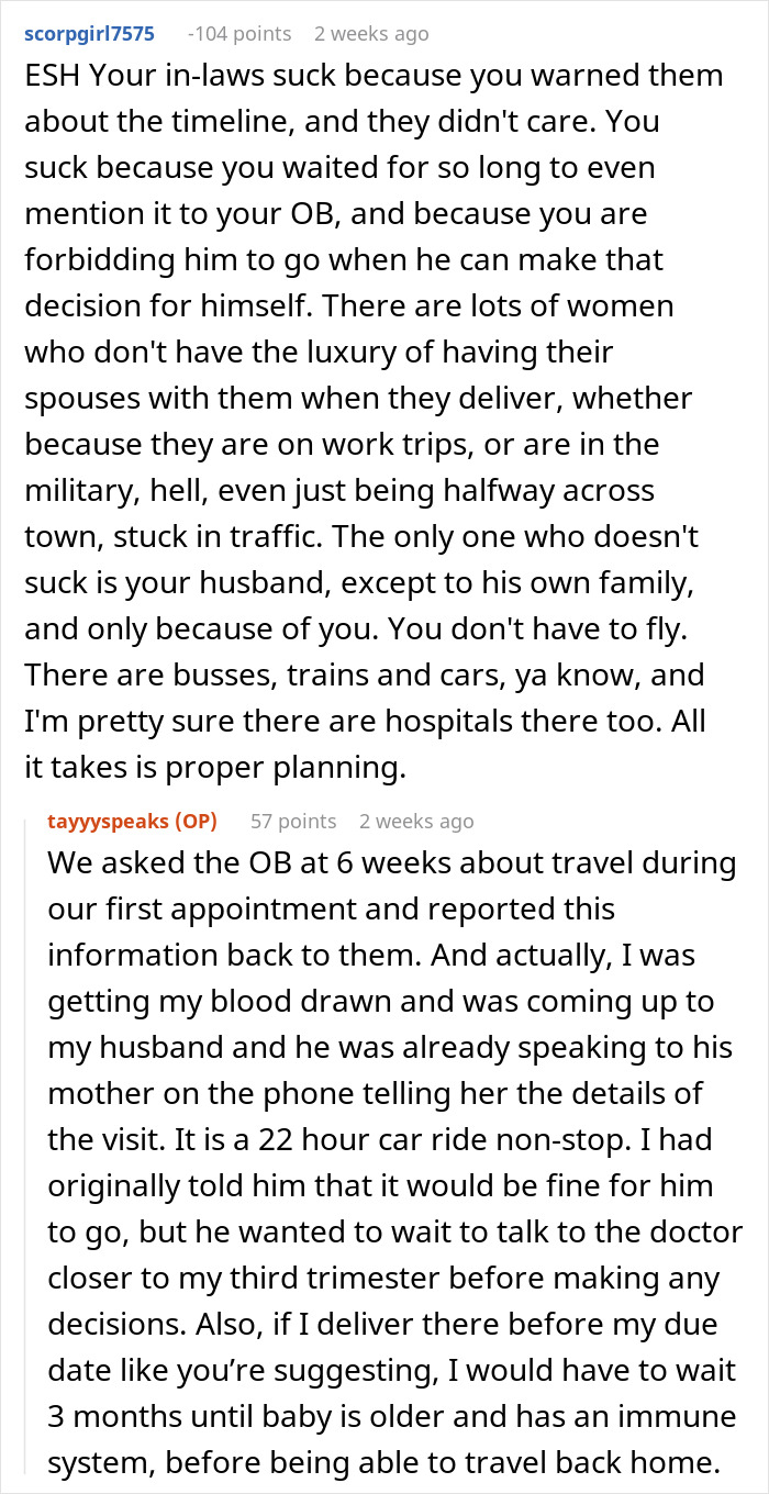 Pregnant mom insists husband misses sister's wedding due date conflict, Reddit argument text exchange.
