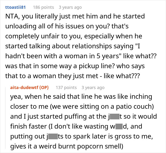 Text conversation discussing a guy oversharing about his life and relationship issues.