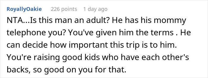 Reddit comment discussing a man acting childish on vacation, troubling his niece and nephew.