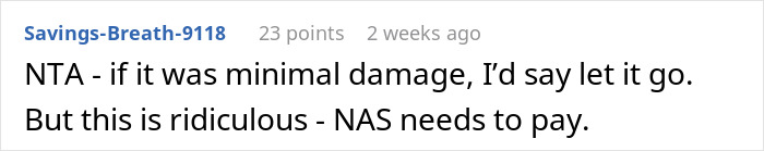 Comment on trampoline causing damage, urging owner to pay.