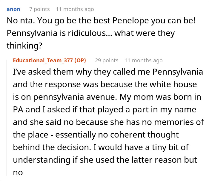 Reddit thread discussing name change reasons and the decision behind it.