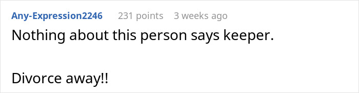 User comment discussing feelings about a partner, suggesting separation.