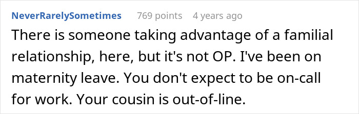 User comment about maternity leave and work expectations on a forum. User comment about maternity leave and work expectations on a forum.
