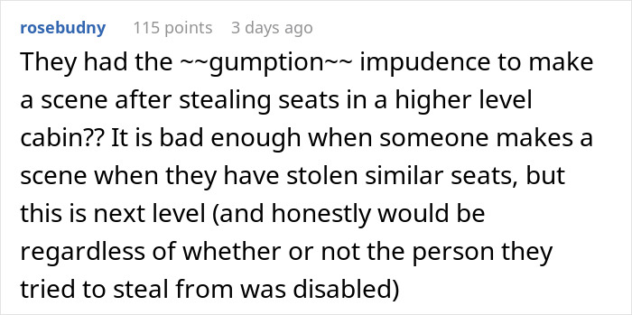 Reddit comment about entitled couple stealing a first-class seat from a wheelchair user, expressing outrage. Reddit comment about entitled couple stealing a first-class seat from a wheelchair user, expressing outrage.