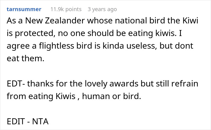 Text exchange about not eating kiwi birds, with humorous edits on Reddit.