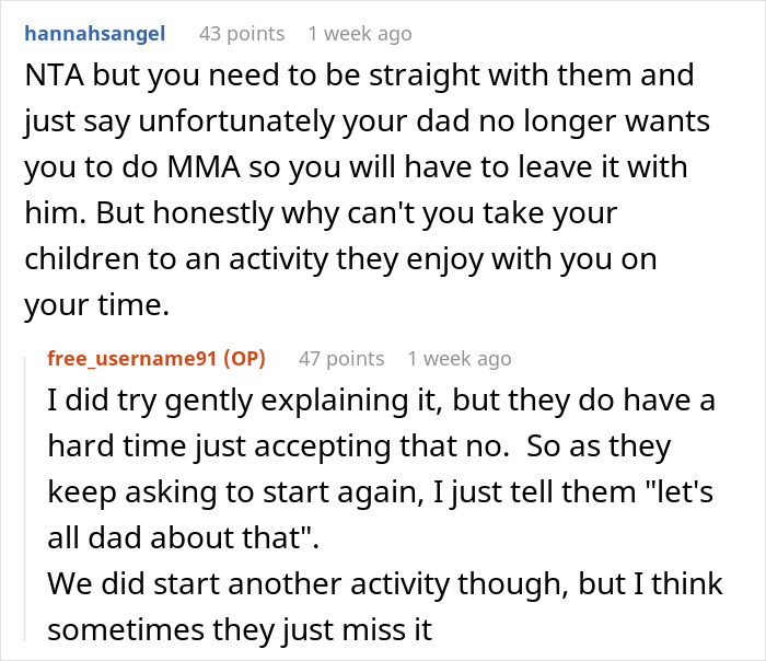 Two users discuss kids' MMA classes being too aggressive, suggesting alternative activities and handling concerns with dad.