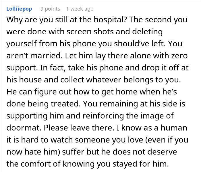 Hospital scenario with a phone, relationship advice text urging a woman to leave her partner after checking his phone.