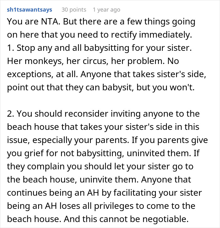 Comment advising woman about not inviting her entitled sister to Easter vacation.
