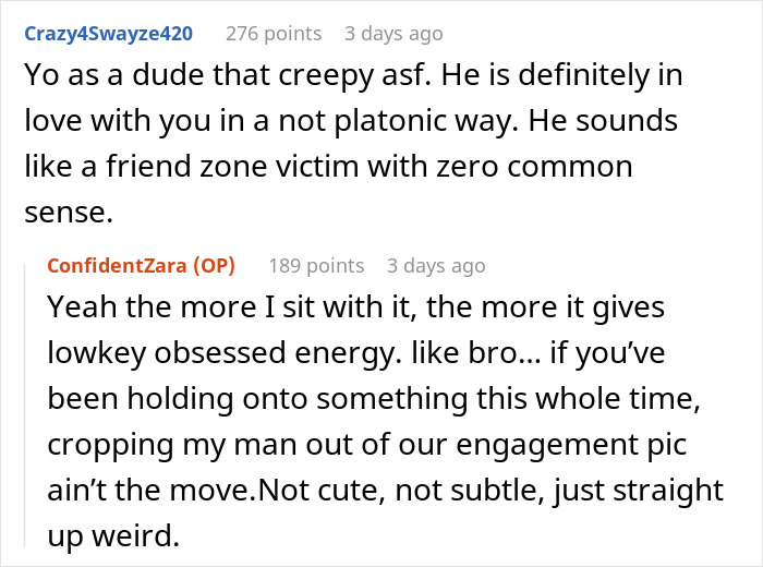 Text exchange discussing woman untagging from IG post after friend crops fianc&eacute; from engagement pic.