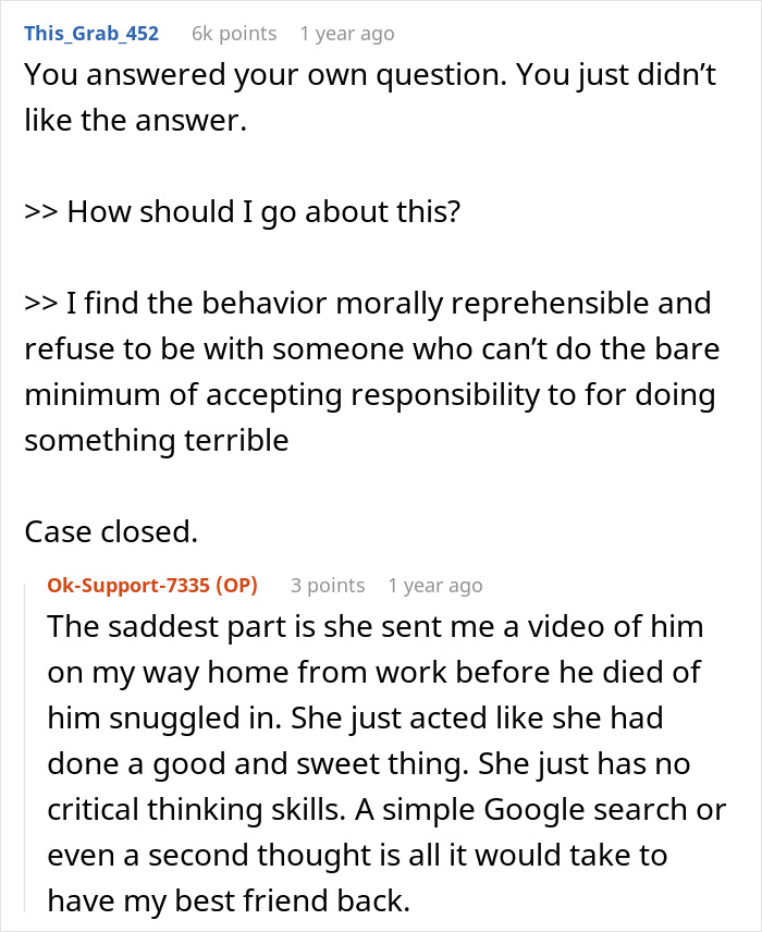 Text exchange about moral responsibility for dog's death due to weighted blanket incident.