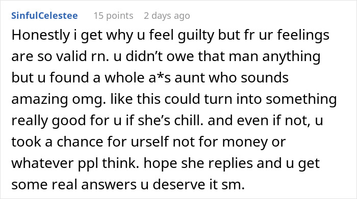 Screenshot of a Reddit comment discussing feelings about finding a long-lost grandfather and potential inheritance outcomes.