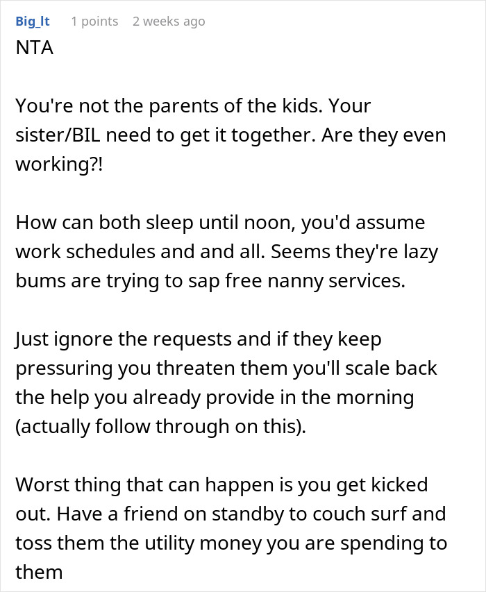 Online comment discussing babysitting nephews and schedule adjustments. Online comment discussing babysitting nephews and schedule adjustments.