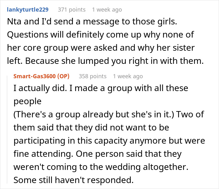 Reddit conversation about bridesmaids choices and wedding attendance issues.