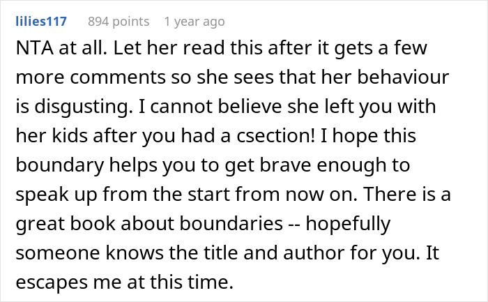 Comment about woman refusing to invite entitled sister to Easter vacation, discussing boundaries and support.