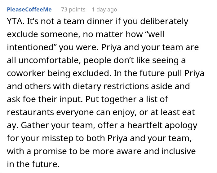 Reddit comment criticizing a manager for excluding a coworker from a BBQ due to her diet.