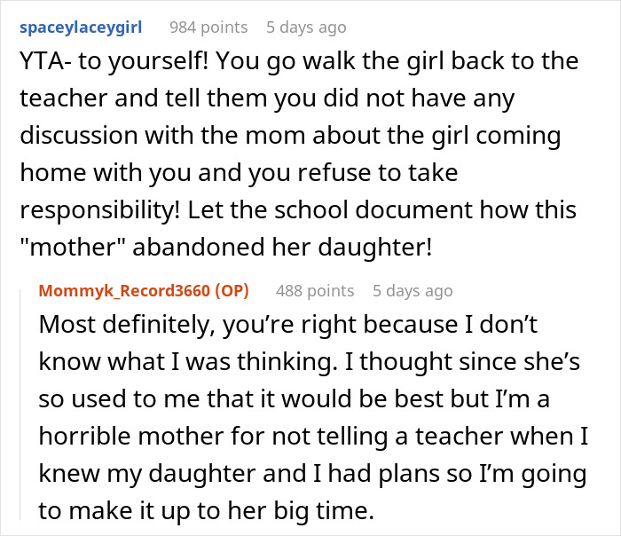 Text messages discussing mom assuming babysitting duties due to past play dates and school responsibility.