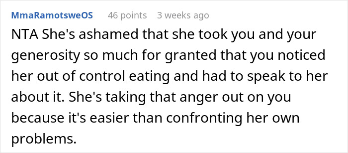 User comment supporting woman confronting friend over grocery issue.