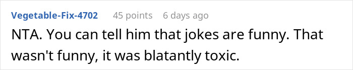 Screenshot of an online comment discussing a toxic joke related to a couple breaking up after mom steals girlfriend&rsquo;s seat.