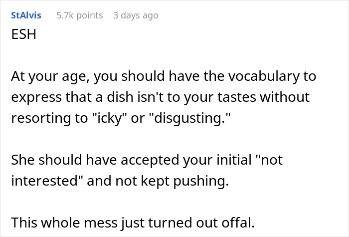 Comment criticizing a man's reaction to his girlfriend's cultural food, highlighting the need for respectful communication.