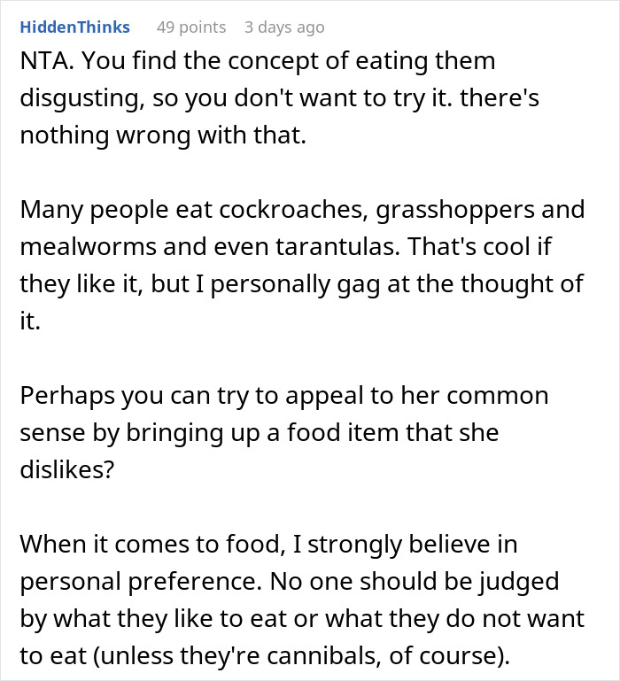 Reddit comment defending cultural food preferences, discussing personal taste in diverse cuisines.