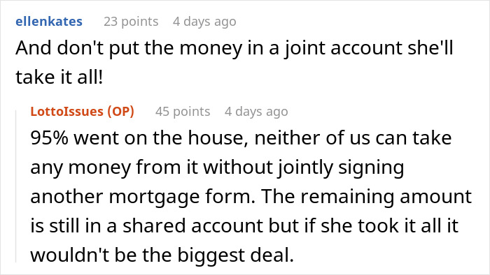 Reddit comments discussing sharing lotto winnings in relation to joint accounts and house expenses.