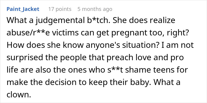 Comment criticizing judgmental attitude towards teen pregnancy. Comment criticizing judgmental attitude towards teen pregnancy.