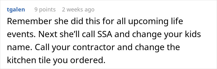 Comment about MIL's interference, suggesting password protection for life events.