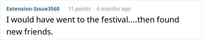 Reddit comment about skipping events and finding new friends, referencing canceled vacation for a wedding. Reddit comment about skipping events and finding new friends, referencing canceled vacation for a wedding.