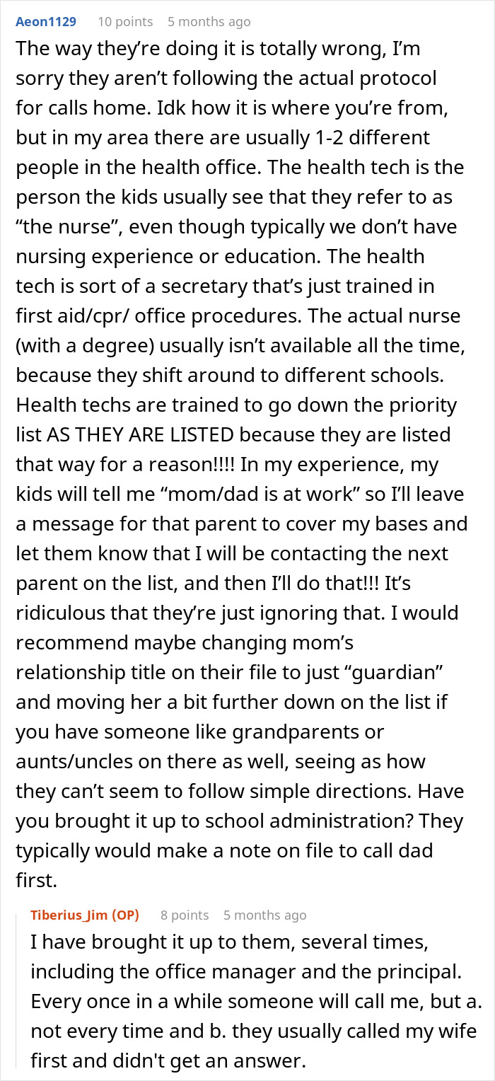 Text conversation criticizing school for calling mom, not dad, as emergency contact despite requests. Text conversation criticizing school for calling mom, not dad, as emergency contact despite requests.