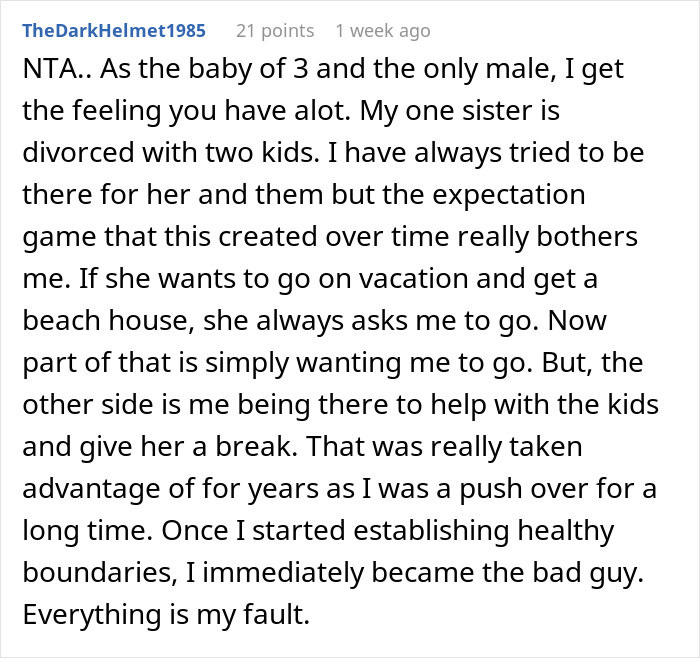 Reddit comment discussing boundaries with siblings, expressing frustration over family expectations.