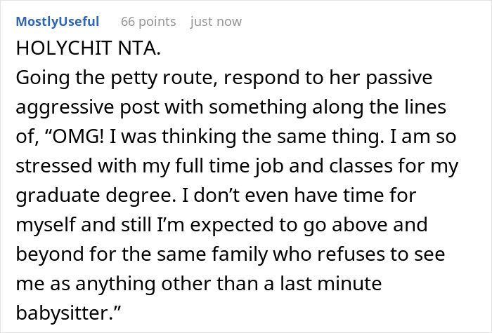 Screenshot of a Reddit comment discussing stress of balancing work, graduate classes, and babysit sister&rsquo;s kids during dinner time.