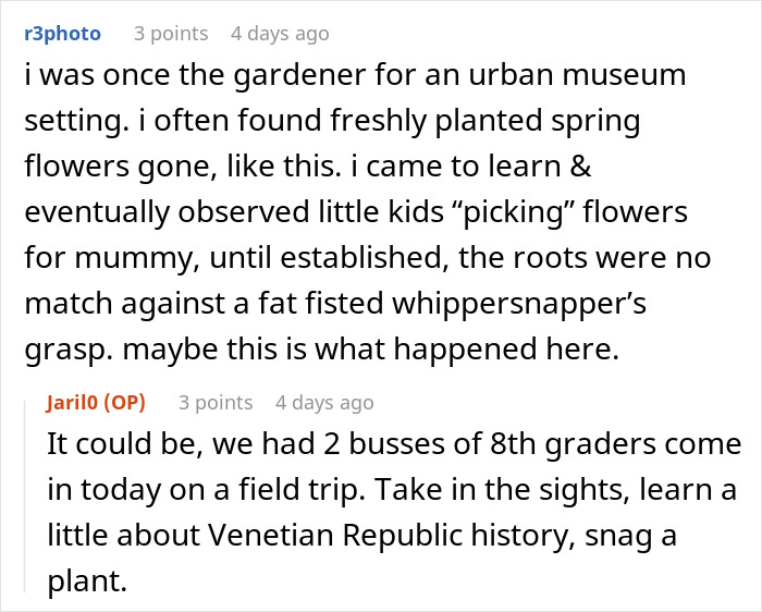 Comments discussing plant theft experiences, possibly involving children.